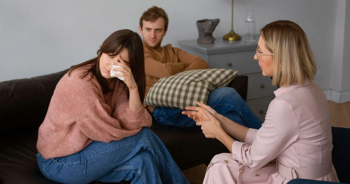 Couple in emotional divorce consultation with therapist